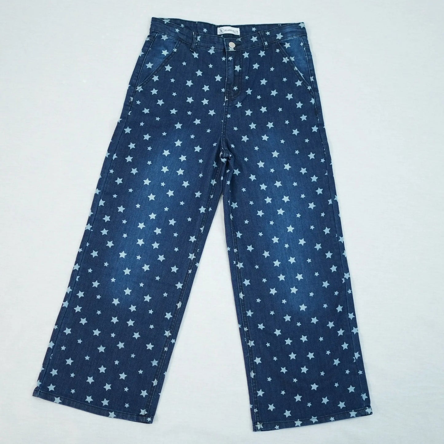 Printed Dark  Blue Jeans Slash Slub