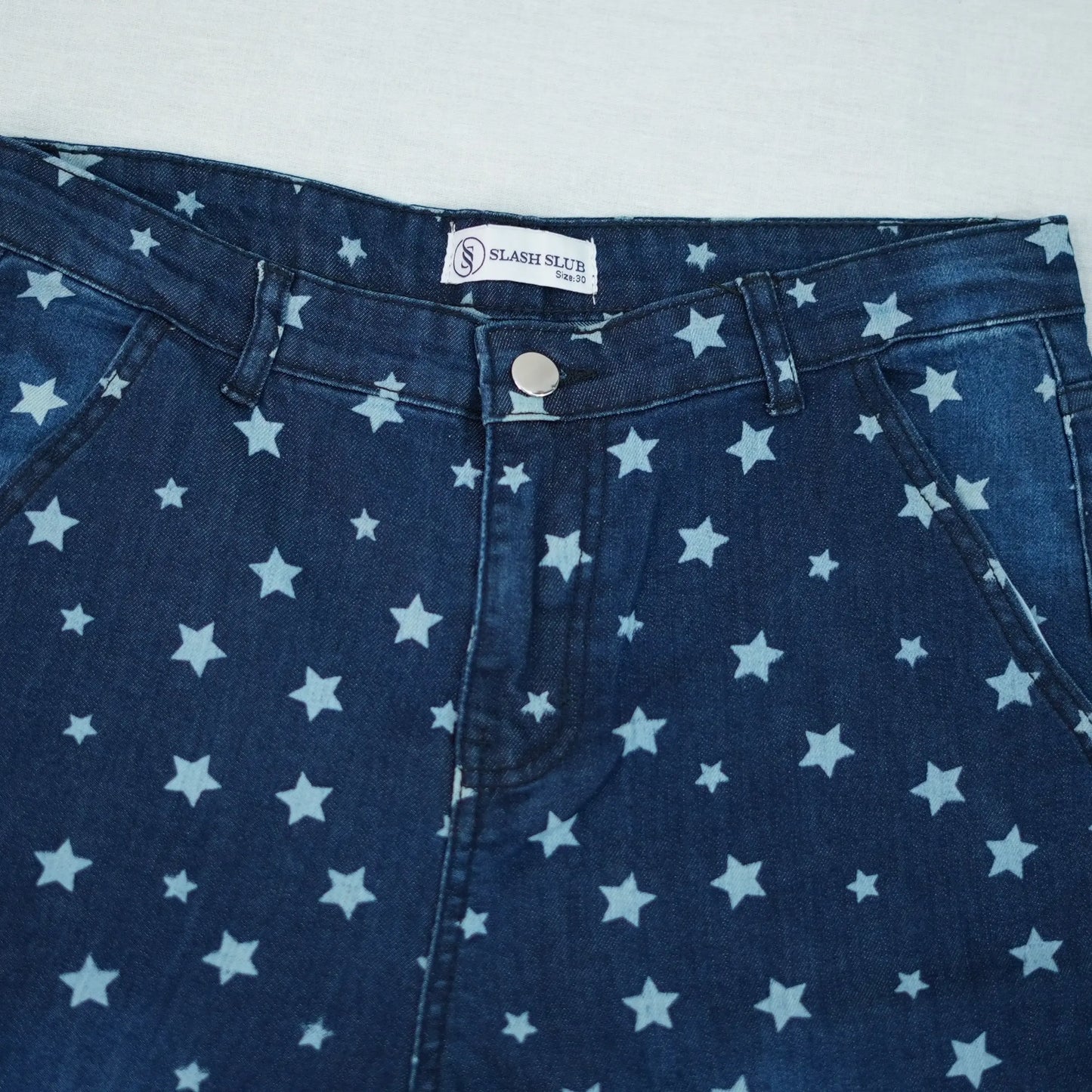 Printed Dark  Blue Jeans Slash Slub